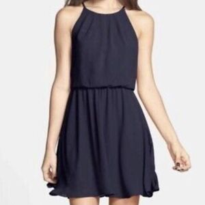 Lush Women's Halter dress Solid Navy Blue Blouson Open Back Size XS